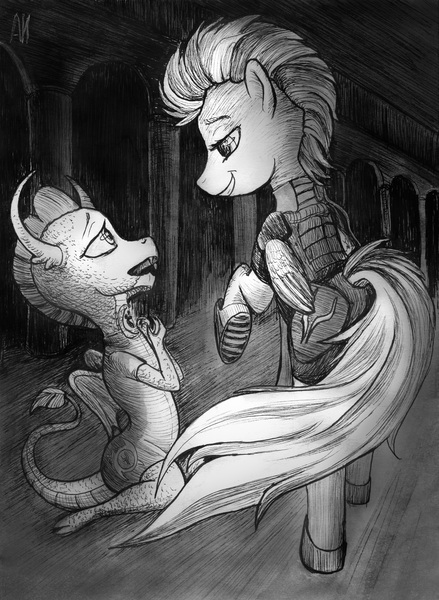 Size: 1901x2597 | Tagged: safe, artist:sanyokvampire, derpibooru import, lightning dust, smolder, comic:the storm kingdom, alternate timeline, begging, black and white, commission, grayscale, implied slavery, monochrome, pleading, sad, smiling, smirk, story included, the seal of gram, the storm kingdom cadet academy, traditional art