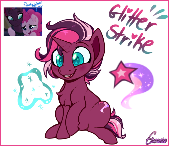 Size: 675x582 | Tagged: safe, artist:esmeia, derpibooru import, fizzlepop berrytwist, pinkie pie, tempest shadow, oc, oc:glitter strike, earth pony, pony, unicorn, my little pony: the movie, female, lesbian, magical lesbian spawn, next generation, offspring, parent:pinkie pie, parent:tempest shadow, parents:tempestpie, shipping, tempestpie