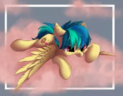 Size: 1763x1378 | Tagged: safe, artist:rokufuro, derpibooru import, oc, oc:apogee, unofficial characters only, pegasus, pony, cloud, ear freckles, female, filly, freckles, lying down, lying on a cloud, on a cloud, pink cloud, prone, smiling, solo, spread wings, wings