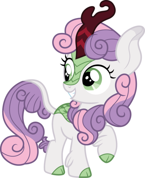 Size: 976x1200 | Tagged: safe, artist:cloudyglow, derpibooru import, sweetie belle, kirin, cloven hooves, colored hooves, curved horn, cute, diasweetes, female, filly, grin, horn, kirinbetes, kirinified, leg fluff, leonine tail, looking back, raised hoof, scales, show accurate, simple background, smiling, solo, species swap, squee, transparent background, vector