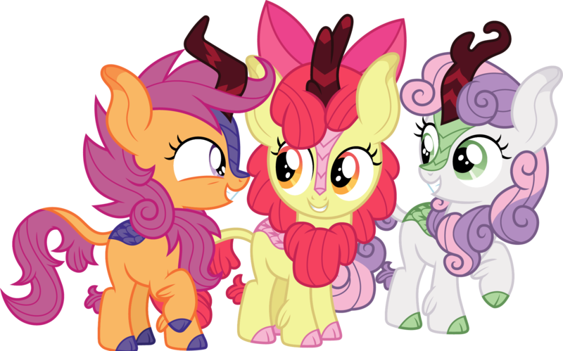 Size: 1925x1200 | Tagged: safe, artist:cloudyglow, derpibooru import, apple bloom, scootaloo, sweetie belle, kirin, sounds of silence, adorabloom, bow, cloven hooves, colored hooves, curved horn, cute, cutealoo, cutie mark crusaders, cutie mark cuties, diasweetes, eye contact, female, filly, grin, hair bow, horn, kirinbetes, kirinified, leg fluff, leonine tail, looking at each other, looking back, raised hoof, scales, show accurate, simple background, smiling, species swap, squee, transparent background, trio, vector