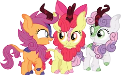 Size: 1925x1200 | Tagged: safe, artist:cloudyglow, derpibooru import, apple bloom, scootaloo, sweetie belle, kirin, sounds of silence, adorabloom, bow, cloven hooves, colored hooves, curved horn, cute, cutealoo, cutie mark crusaders, cutie mark cuties, diasweetes, eye contact, female, filly, grin, hair bow, horn, kirinbetes, kirinified, leg fluff, leonine tail, looking at each other, looking back, raised hoof, scales, show accurate, simple background, smiling, species swap, squee, transparent background, trio, vector