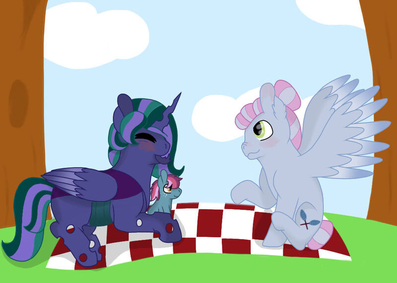 Size: 1024x731 | Tagged: safe, artist:raventhatflieshigh, derpibooru import, oc, oc:firefly, oc:oleander, oc:turquoise edge, alicorn, changepony, hybrid, pegasus, pony, kindverse, alicorn oc, female, grandmother and grandchild, horn, interspecies offspring, lesbian, magical lesbian spawn, mandibles, offspring, offspring's offspring, parent:limestone pie, parent:oc:holly-hay carol, parent:oc:parasite, parent:princess luna, parent:queen chrysalis, parent:zephyr breeze, parents:chrysaluna, parents:zephyrstone, wings