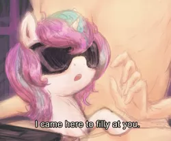 Size: 1703x1400 | Tagged: suggestive, artist:plotcore, derpibooru import, princess flurry heart, alicorn, human, pony, /mlp/, caption, drawthread, engrish, female, filly, gundam, image macro, implied foalcon, meme, nudity, ponified meme, sunglasses, text