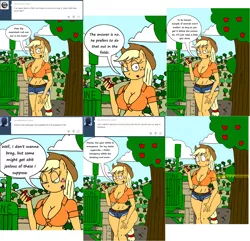 Size: 3847x3712 | Tagged: anthro, anthroquestria, apple, applebucking thighs, applejack, artist:americananomaly, belly button, big breasts, breasts, busty applejack, butt expansion, clothes, daisy dukes, derpibooru import, female, food, front knot midriff, growth, midriff, shorts, solo, suggestive, thigh expansion, wardrobe malfunction, weight gain