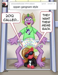 Size: 615x800 | Tagged: safe, artist:texasuberalles, derpibooru import, spike, oc, oc:pun, dragon, earth pony, pony, ask pun, 2012, 2013, ask, boxers, clothes, comic, cowboy hat, duo, elevator, female, gangnam style, hat, jeojil dance, jewelry, looking at you, mare, meme, older, older spike, pendant, psy, shirt, sunglasses, t-shirt, teenage spike, teenager, tumblr, tuxedo, underwear