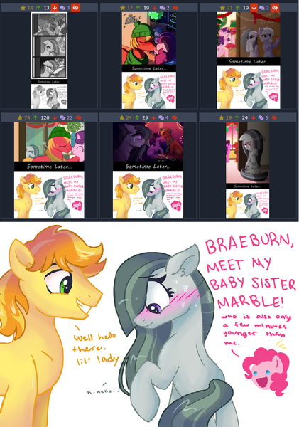 Size: 824x1174 | Tagged: safe, artist:dreamscapevalley edits, derpibooru import, edit, big macintosh, braeburn, marble pie, pinkie pie, sugar belle, earth pony, pony, derpibooru, best gift ever, blushing, braeble, female, heartbroken marble, male, meme, meta, shipper on deck, shipping, side chick, sometime later..., straight, text