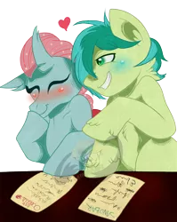 Size: 2190x2745 | Tagged: safe, artist:lemonkaiju, derpibooru import, ocellus, sandbar, changedling, changeling, earth pony, pony, blushing, cute, diaocelles, female, high res, interspecies, male, ocelbar, paper, sandabetes, shipping, smiling, straight