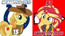 Size: 1920x1080 | Tagged: safe, artist:keronianniroro, artist:lightningbolt, derpibooru import, braeburn, sunset shimmer, equestria girls, equestria girls series, afc divisional round, american football, indianapolis colts, kansas city chiefs, nfl divisional round, nfl playoffs, sports, vector