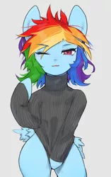 Size: 1290x2048 | Tagged: suggestive, artist:30clock, derpibooru import, rainbow dash, pegasus, pony, clothes, female, looking at you, mare, one eye closed, open mouth, simple background, solo, stupid sexy rainbow dash, sweater, white background, wink