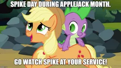 Size: 888x499 | Tagged: safe, derpibooru import, edit, edited screencap, screencap, applejack, spike, dragon, earth pony, pony, spike at your service, applejack month, butt touch, caption, duo, female, hand on butt, image macro, male, mare, spike day, text