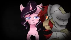 Size: 1920x1080 | Tagged: safe, artist:angelscribs, derpibooru import, oc, oc:curse word, oc:magpie, unofficial characters only, pony, unicorn, black background, clothes, implied ink dye, ink, looking at each other, simple background, smiling