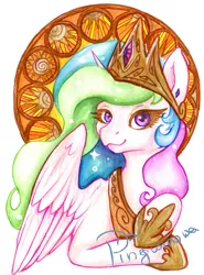 Size: 1703x2305 | Tagged: safe, artist:pingwinowa, derpibooru import, princess celestia, alicorn, pony, alphonse mucha, bust, hoof shoes, jewelry, modern art, nouveau, portrait, regalia, signature, smiling, solo, traditional art