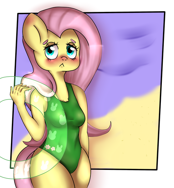 Size: 2500x2700 | Tagged: anthro, artist:0blackster, beach, breasts, clothes, derpibooru import, female, fluttershy, looking at you, mare, one-piece swimsuit, solo, solo female, suggestive, summer, swimsuit