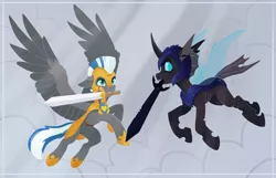 Size: 3733x2409 | Tagged: safe, artist:koviry, derpibooru import, oc, oc:cloud zapper, changeling, pegasus, pony, armor, changeling officer, duo, helmet, male, military, mouth hold, royal guard, stallion, sword, weapon