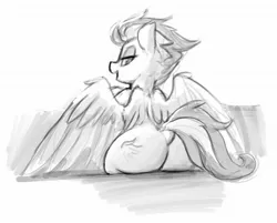 Size: 2048x1646 | Tagged: suggestive, artist:dimfann, derpibooru import, spitfire, pegasus, pony, bedroom eyes, butt, dock, female, grayscale, looking at you, looking back, mare, monochrome, open mouth, plot, simple background, sitting, smiling, solo, solo female, spread wings, the ass was fat, white background, wing fluff, wings