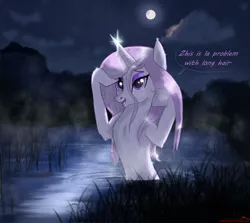 Size: 2550x2274 | Tagged: safe, artist:greenbrothersart, derpibooru import, fleur-de-lis, pony, unicorn, cloud, dialogue, female, mare, moon, night, open mouth, solo, water, wet, wet mane