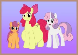 Size: 1092x770 | Tagged: safe, artist:catross, derpibooru import, apple bloom, scootaloo, sweetie belle, earth pony, pegasus, pony, unicorn, alternate cutie mark, alternate cutie mark crusaders, anatomically incorrect, belly, big belly, cutie mark crusaders, female, height difference, huge belly, impossibly large belly, mare, older, pregnant, pregnant scootaloo