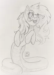 Size: 1280x1788 | Tagged: safe, artist:airfly-pony, derpibooru import, oc, oc:miranda, lamia, original species, pony, snake, snake pony, female, lineart, rcf community, slit eyes, smiling, snake eyes, snake tongue, solo, traditional art