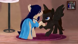 Size: 1280x720 | Tagged: safe, artist:zsnowfilez, derpibooru import, oc, oc:belladonna nightshade, oc:gamma draconis, unofficial characters only, pegasus, pony, clothes, dress, female, hoof kissing, male, mare, stallion