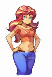 Size: 1500x2200 | Tagged: safe, artist:zipskyblue, derpibooru import, sunset shimmer, equestria girls, beautiful, belly button, belly shirt, belt, breasts, clothes, commission, female, hand on hip, jeans, midriff, off shoulder, pants, shirt, simple background, smiling, solo, white background