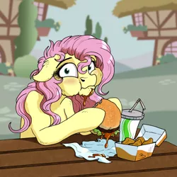 Size: 1024x1024 | Tagged: safe, artist:lupiarts, artist:snoopystallion, derpibooru import, fluttershy, pegasus, pony, burger, caught, chicken meat, chicken nugget, cognitive dissonance, collaboration, comic sins, digital art, drink, eating, fast food, female, food, hamburger, krystal can't enjoy her sandwich, majestic as fuck, mare, meat, ponies eating meat, soda, softdrink
