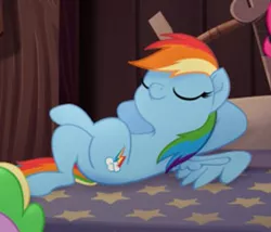 Size: 337x288 | Tagged: safe, derpibooru import, screencap, rainbow dash, pegasus, pony, my little pony: the movie, butt, cropped, crossed hooves, crossed legs, eyes closed, female, hooves behind head, lying down, mare, plot, reclining, relaxing, wings