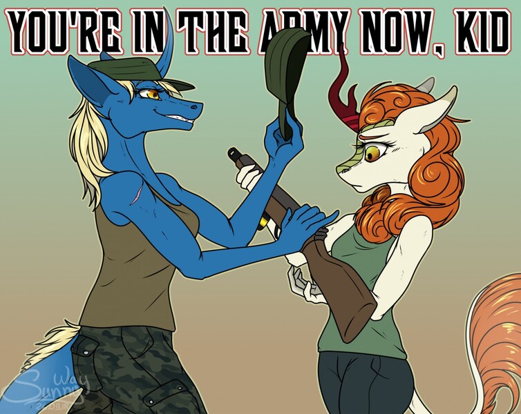 Size: 1280x1018 | Tagged: anthro, anthro oc, army, artist:sunny way, artwork, autumn blaze, cute, derpibooru import, equis universe, female, gun, horn, kirin, ki'rinaes, ki'rinaes and kirin, lineart, lol, mare, oc, oc:alirfesta, open mouth, paws, rcf community, safe, sounds of silence, tail, weapon