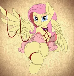 Size: 1000x1024 | Tagged: suggestive, artist:manifest harmony, derpibooru import, fluttershy, pegasus, pony, fanfic:clocktower society, bdsm, bedroom eyes, bondage, collar, cute, fanfic art, female, happy bondage, heart eyes, heart nostrils, looking at you, mare, rope, rope bondage, ropes, seductive, seductive pose, shibari, slave, smiling, wingding eyes