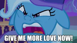 Size: 888x499 | Tagged: angry, caption, derpibooru import, edit, edited screencap, floppy ears, image macro, meme, safe, screencap, solo, text, to where and back again, trixie, trixie's wagon, trixie yells at everything