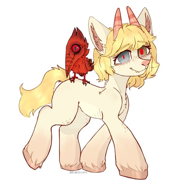 Size: 604x604 | Tagged: safe, artist:cherry_kotya, derpibooru import, oc, pony, heterochromia, horns, looking at you, solo, unknown species