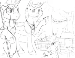 Size: 1280x989 | Tagged: safe, artist:silfoe, derpibooru import, princess cadance, shining armor, alicorn, pony, unicorn, moonsetmlp, alternate universe, apple, armor, basket, black and white, description is relevant, female, filly, food, grayscale, guard, hoof shoes, jewelry, lineart, looking up, male, mare, monochrome, raised hoof, regalia, simple background, spear, stallion, story included, we couldn't fit it all in, weapon, white background