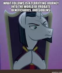 Size: 600x705 | Tagged: safe, derpibooru import, edit, edited screencap, screencap, chancellor neighsay, pony, school raze, caption, cropped, image macro, maurice lamarche, orson welles, solo, text, the critic, voice actor joke