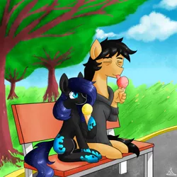 Size: 3200x3200 | Tagged: safe, artist:zachc, derpibooru import, oc, unofficial characters only, earth pony, pony, :p, bench, clothes, eyes closed, female, food, hoodie, hoof hold, ice cream, ice cream cone, licking, looking up, male, mare, outdoors, sitting, smiling, stallion, suddenly hands, tongue out, tree, wat