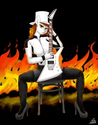 Size: 3000x3800 | Tagged: anthro, artist:zachc, clothes, derpibooru import, electric guitar, female, fire, guitar, musical instrument, oc, safe, sitting, unofficial characters only