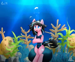Size: 3400x2800 | Tagged: safe, artist:zachc, derpibooru import, oc, unofficial characters only, pony, air bubble, bubble, clothes, coral, female, inktober, one-piece swimsuit, solo, swimsuit, underwater