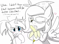 Size: 2048x1555 | Tagged: suggestive, artist:an-tonio, derpibooru import, oc, oc:rita cloudy, oc:silver draw, unofficial characters only, pegasus, pony, unicorn, banana, bananajob, blushing, female, food, freckles, fruit, glasses, heart, implied blowjob, implied oral, implied sex, licking, lineart, mare, monochrome, one eye closed, open mouth, partial color, raised hoof, sketch, speech bubble, spread wings, suggestive eating, tongue out, wingboner, wings