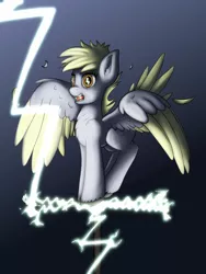 Size: 768x1024 | Tagged: safe, artist:redquoz, derpibooru import, derpy hooves, bird, bird pone, pony, bird tail, electrocution, gradient background, lightning, shocked expression, squawk, two toned wings, weather vane, wings