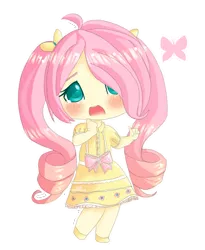 Size: 1000x1220 | Tagged: alternate hairstyle, artist:puffleduck, blushing, bow, butterfly, chibi, clothes, colored pupils, cute, derpibooru import, dress, female, fluttershy, hair over one eye, human, humanized, open mouth, pigtails, safe, shyabetes, simple background, solo, transparent background