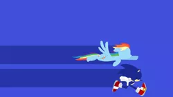 Size: 2550x1440 | Tagged: safe, artist:minimalist-archive, derpibooru import, rainbow dash, pegasus, pony, blue background, crossover, female, floppy ears, flying, hooves, lineless, mare, minimalist, modern art, running, simple background, sonic the hedgehog, sonic the hedgehog (series), wallpaper, wings