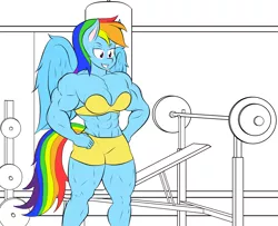 Size: 2188x1774 | Tagged: 1000 years in photoshop, abs, anthro, artist:calm wind, artist:matchstickman, biceps, big breasts, bra, breasts, busty rainbow dash, cleavage, clothes, deltoids, derpibooru import, edit, female, gym, midriff, muscles, pecs, rainbow dash, rainbuff dash, solo, suggestive, underwear