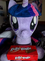 Size: 1512x2016 | Tagged: artist:plushwaifus, bed, bigkat, candy, chocolate, cute, derpibooru import, female, food, irl, kit kat, photo, photographer:corpulentbrony, plushie, safe, solo, twilight sparkle