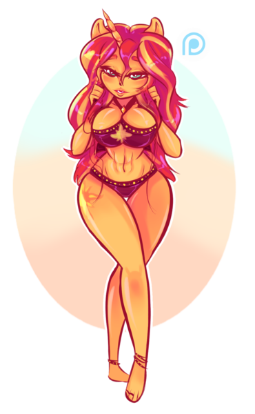 Size: 1069x1733 | Tagged: suggestive, artist:girlyq, derpibooru import, sunset shimmer, anthro, unicorn, equestria girls, equestria girls series, forgotten friendship, abs, belly button, bikini, breasts, clothes, female, looking at you, patreon, patreon logo, sexy, simple background, solo, solo female, swimsuit, transparent background