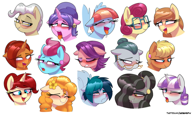 Size: 2133x1280 | Tagged: suggestive, artist:shinodage, derpibooru import, cloudy quartz, cookie crumbles, cup cake, mayor mare, ms. harshwhinny, pear butter, posey shy, spoiled rich, stellar flare, twilight velvet, windy whistles, oc, oc:beauty mark, oc:cream heart, oc:delta vee, oc:golden brooch, earth pony, pegasus, pony, unicorn, ahegao, bedroom eyes, blushing, cougar, drool, ear piercing, eyelashes, eyes closed, female, females only, floppy ears, flower, flower in hair, gilf, glasses, grin, gritted teeth, hair bun, hair over one eye, head, lidded eyes, lip bite, lipstick, looking back, looking down, looking up, makeup, mare, milf, one eye closed, open mouth, piercing, red lipstick, sideways glance, simple background, smiling, spread wings, sticker set, tongue out, white background, wing fluff, wingboner, wings, wink