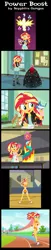 Size: 800x3960 | Tagged: safe, artist:sapphiregamgee, derpibooru import, sunset shimmer, oc, bird, equestria girls, friendship games, apron, bicep, cake, canterlot high, classroom, clothes, commission, converse, daydream shimmer, dress, food, gym, implied applejack, implied fluttershy, implied pinkie pie, implied rainbow dash, implied rarity, kitchen, running, running track, shoes, shorts, smiling, sneakers, sports bra, sports shorts, super strength, weight lifting, weights, wristband