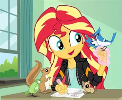 Size: 751x618 | Tagged: safe, artist:sapphiregamgee, derpibooru import, sunset shimmer, bird, equestria girls, classroom, cropped, deviantart watermark, implied fluttershy, obtrusive watermark, paper, pencil, watermark