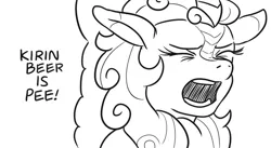 Size: 808x443 | Tagged: artist:jargon scott, autumn blaze, derpibooru import, dungeon meshi, edit, implied watersports, kirin, kirin beer, kirin beer is pee, lineart, monochrome, safe, sketch, sounds of silence, text edit