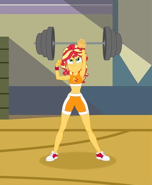 Size: 494x600 | Tagged: safe, artist:sapphiregamgee, derpibooru import, sunset shimmer, equestria girls, armpits, bicep, clothes, converse, cropped, implied applejack, lifting, shoes, shorts, sleeveless, sneakers, sports bra, sports shorts, super strength, weight lifting, weights