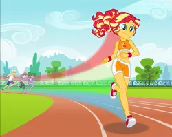 Size: 755x602 | Tagged: safe, artist:sapphiregamgee, derpibooru import, sunset shimmer, oc, equestria girls, background human, clothes, converse, cropped, implied rainbow dash, shoes, shorts, sleeveless, sneakers, sports bra, sports shorts