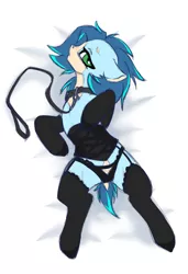 Size: 682x1000 | Tagged: suggestive, artist:arctic-fox, derpibooru import, oc, oc:ash wing, unofficial characters only, earth pony, pony, anatomically correct, clothes, collar, corset, female, lash, looking at you, mare, nudity, socks, solo, solo female, underwear, vulva